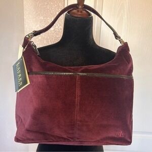 NWT Lauren Ralph Lauren Burgundy Velvet Hobo Bag Purse Handbag